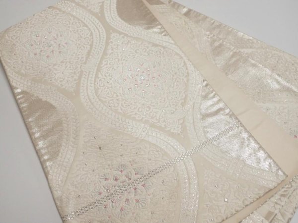 Photo1: 4206i06z750 Vintage Japanese Kimono Silk FUKURO OBI Flower Off-white 173.2x12.1 (1)