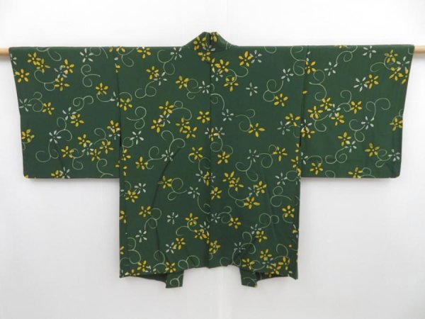 Photo1: 4207T03z540 Vintage Japanese Kimono Silk HAORI Flower Dark green (1)