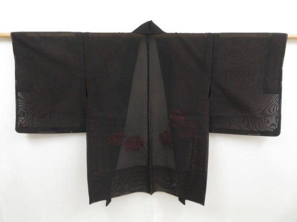 Photo1: 4207T04z300 Vintage Japanese Kimono Silk See through HAORI Flower Black (1)