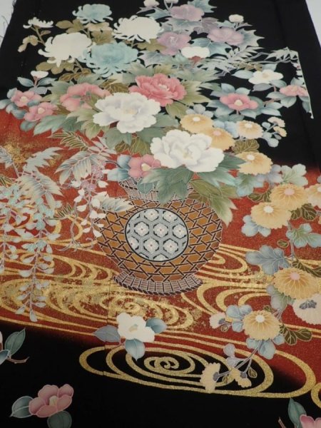 Photo1: 4G01z140  Japanese Kimono Silk  FABRIC Flower arrangement Black 63.0x19.1 (1)