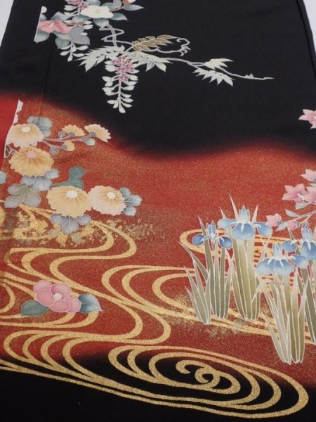 Photo1: 4G02z100  Japanese Kimono Silk  FABRIC Flowers Black 71.7x14.8 (1)