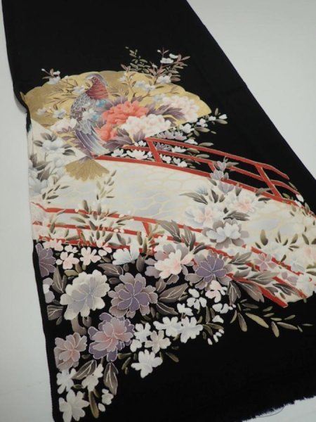 Photo1: 4L03z100  Japanese Kimono Silk  FABRIC Folding fan Black 66.1x14.2 (1)