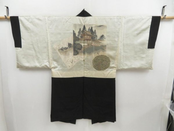 Photo1: 4213T02z750 Vintage Japanese Kimono Silk Men's HAORI Temple Black (1)