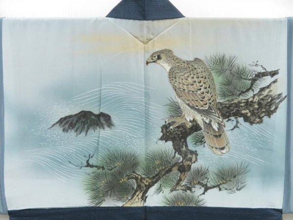 Photo1: 4213T04z500 Vintage Japanese Kimono Silk Men's OSHIMA HAORI Hawk Navy-Gray (1)