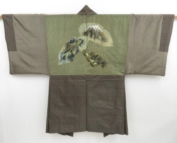 Photo1: 4213T09z430 Vintage Japanese Kimono Silk Men's OSHIMA HAORI Dragon Brown-Gray (1)