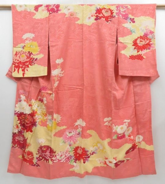 Photo1: 4214T13z820 Vintage Japanese Kimono Silk TSUKESAGE Peony Coral pink (1)