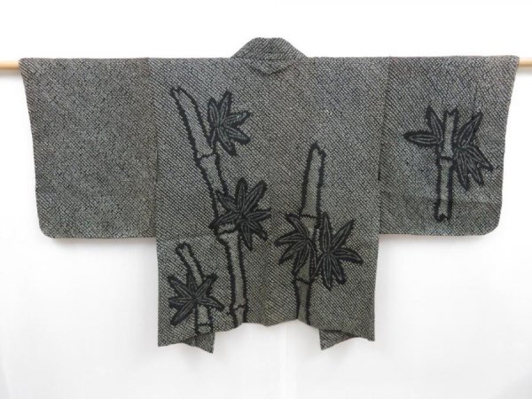 Photo1: 4215T07z440 Vintage Japanese Kimono Silk SHIBORI HAORI Bamboo Black (1)