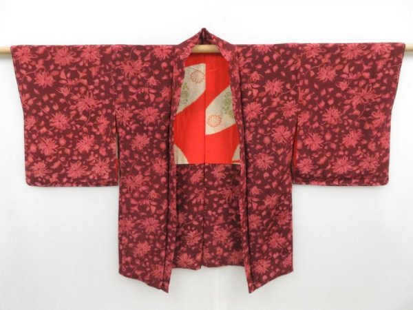 Photo1: 4215T08z440 Vintage Japanese Kimono Silk HAORI Flower Purple-Brown (1)