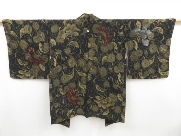 Photo1: 4215T10z720 Vintage Japanese Kimono Silk HAORI Flowers Black (1)