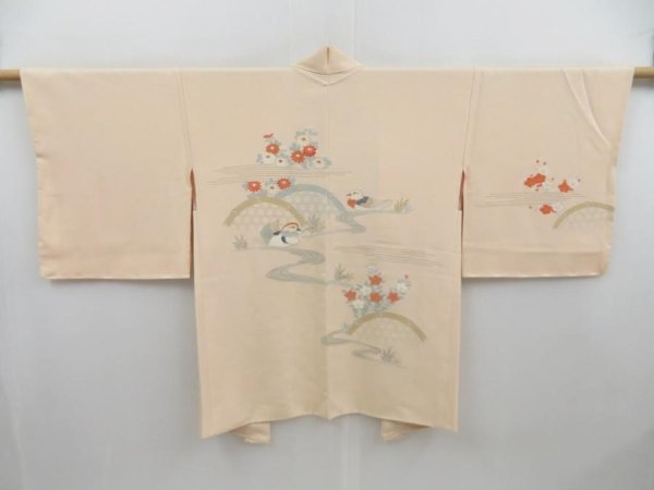 Photo1: 4217T06z580 Vintage Japanese Kimono Silk HAORI Mandarin duck Peach (1)