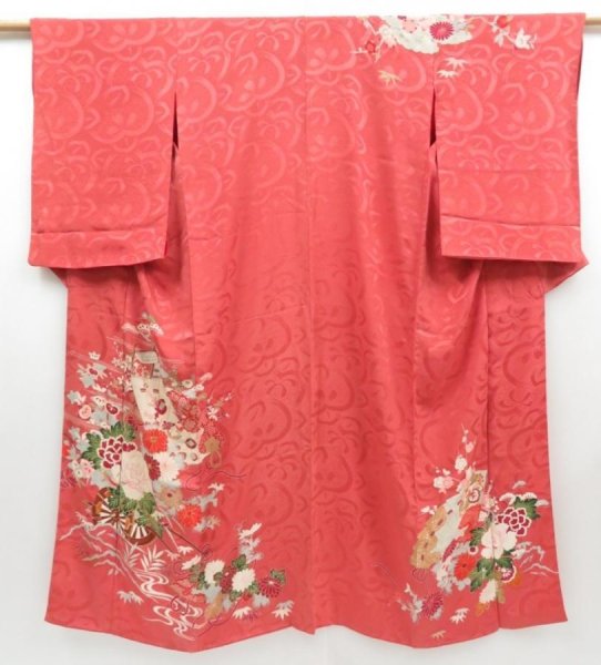 Photo1: 4220T08z430 Antique Japanese Kimono Silk TSUKESAGE Flower cart Coral pink (1)