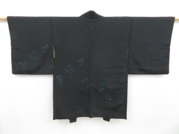 Photo1: 4220T12z590 Vintage Japanese Kimono Silk HAORI Leaf Black (1)