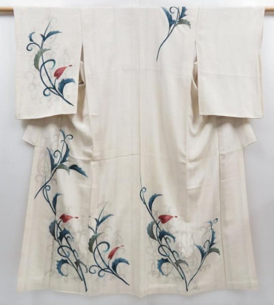 Photo1: 4220T13z700 Vintage Japanese Kimono Silk TSUKESAGE Flower Off-white (1)