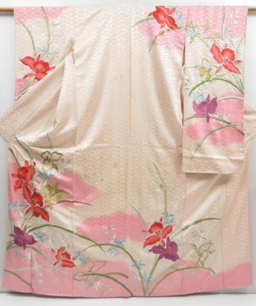 Photo1: 4224T02z1200 Vintage Japanese Kimono Silk FURISODE Iris Off-white (1)