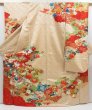 Photo1: 4224T06z1230 Vintage Japanese Kimono Silk FURISODE Flower cart Sand beige (1)