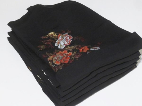 Photo1: 0626HB12z29  Japanese Kimono Silk BLACK HAORI 5pcs FREE SHIPPING (1)