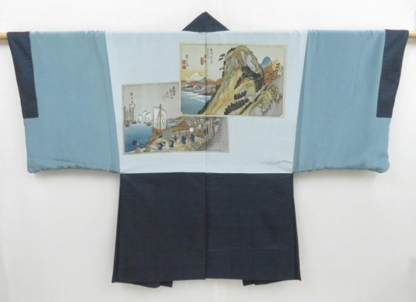 Photo1: 4227T05z510 Vintage Japanese Kimono Silk Men's HAORI Tokaido Blue-Gray (1)