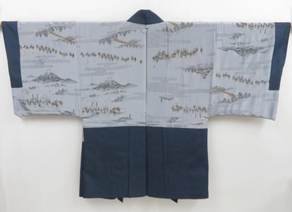 Photo1: 4227T07z600 Vintage Japanese Kimono Silk Men's HAORI Daimyogyoretsu Blue-Gray (1)