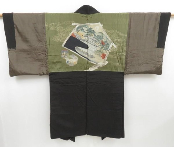 Photo1: 4227T09z490 Vintage Japanese Kimono Silk Men's HAORI Kinkaku-ji Temple (1)