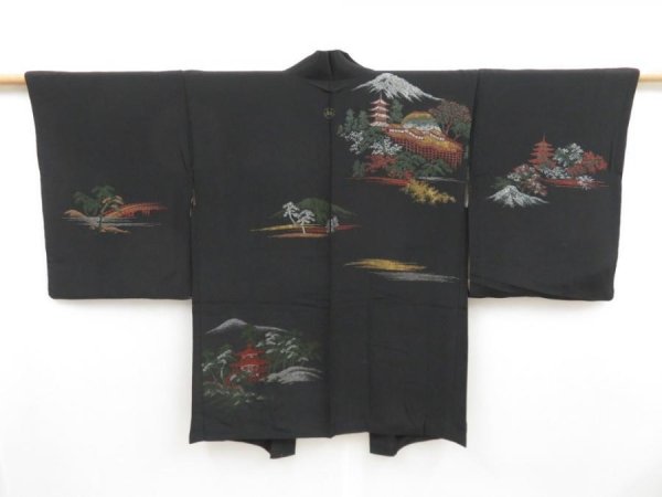 Photo1: 4228T04z510 Vintage Japanese Kimono Silk HAORI Temple Black (1)