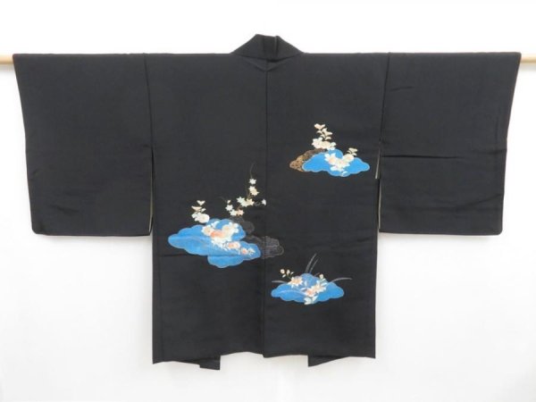 Photo1: 4229T14z550 Vintage Japanese Kimono Silk HAORI Chrysanthemum Black (1)