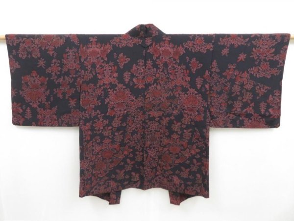 Photo1: 4301T06z550 Vintage Japanese Kimono Silk HAORI Flower Navy-Black (1)