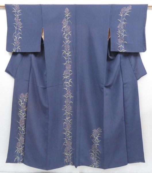 Photo1: 4301T14z960 Vintage Japanese Kimono Silk KOMON Plants Dark lavender blue (1)