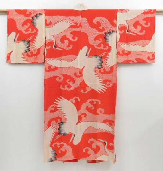 Photo1: 4303T01z490 Antique Japanese Kimono Silk JUBAN Flying crane Orangered (1)