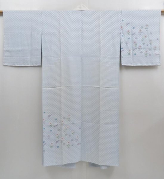 Photo1: 4303T03z530  Japanese Kimono Silk Rinzu JUBAN Flower Light blue gray (1)