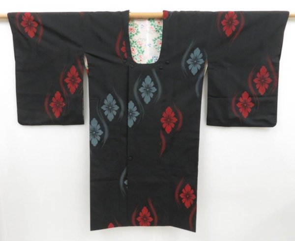 Photo1: 4304T02z580 Vintage Japanese Kimono Silk OMESHI HAORI COAT Flower Black (1)