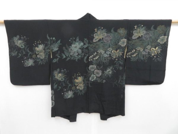 Photo1: 4304T07z560 Vintage Japanese Kimono Silk HAORI Flowers Black (1)