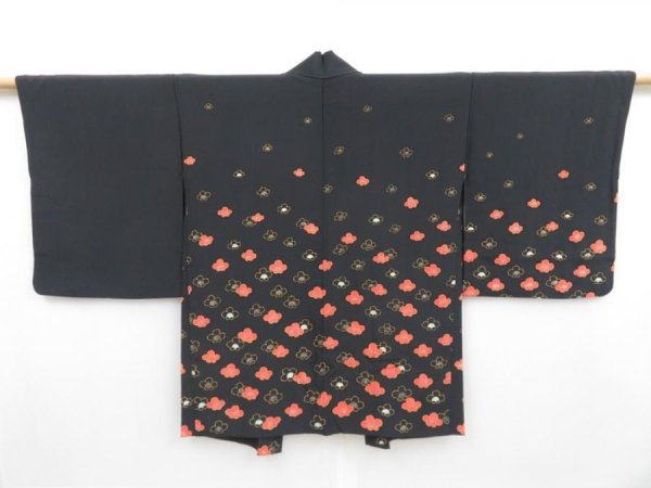 Photo1: 4304T09z710 Vintage Japanese Kimono Silk HAORI Plum blossom Black (1)