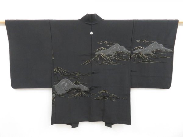 Photo1: 4304T11z600 Vintage Japanese Kimono Silk HAORI Mountain Black (1)