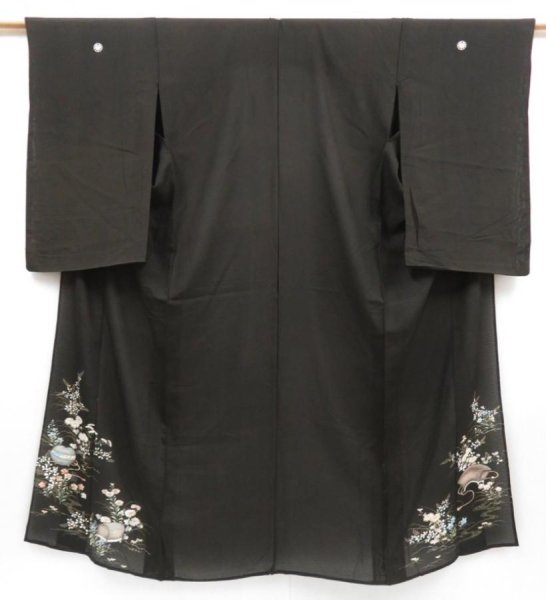 Photo1: 4306T03z370 Vintage Japanese Kimono Silk RO TOMESODE Flowers Black (1)