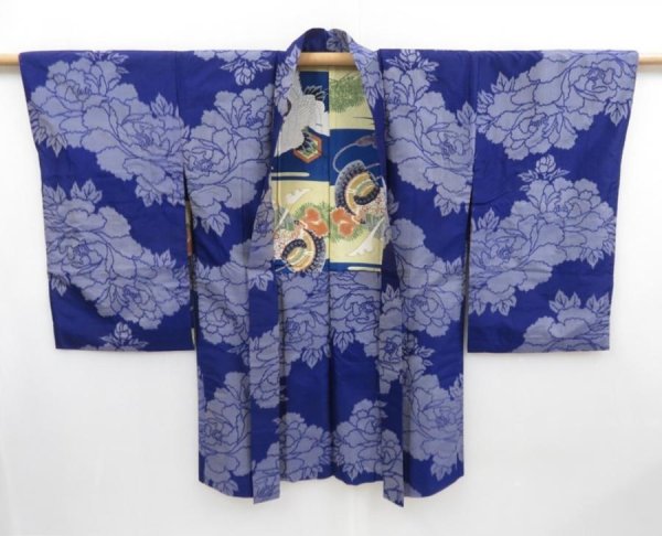 Photo1: 4306T07z400 Vintage Japanese Kimono Silk MEISEN HAORI Peony Dark lavender blue (1)