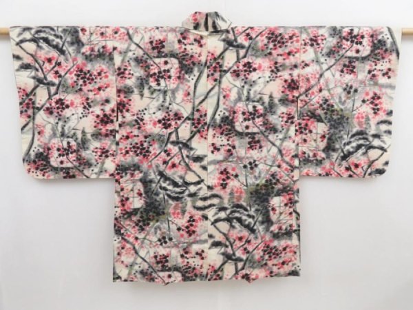 Photo1: 4306T10z400 Vintage Japanese Kimono Silk MEISEN HAORI Plum tree Off-white (1)