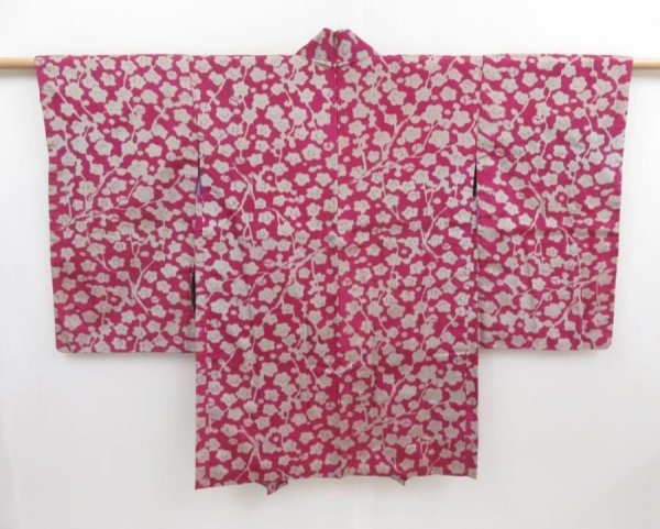 Photo1: 4306T13z340 Vintage Japanese Kimono Silk MEISEN HAORI Plum blossom (1)