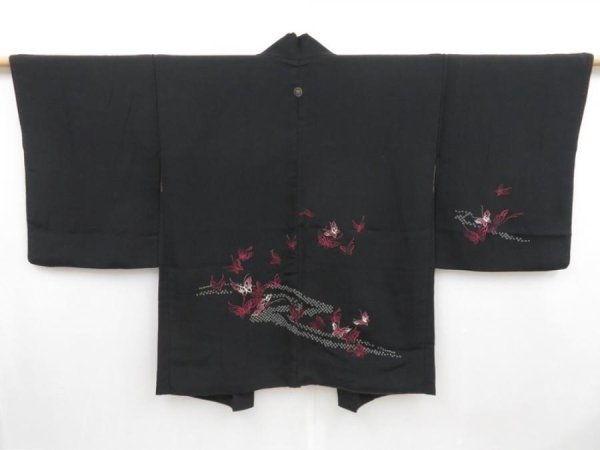 Photo1: 4307T03z540 Vintage Japanese Kimono Silk HAORI Butterfly Black (1)