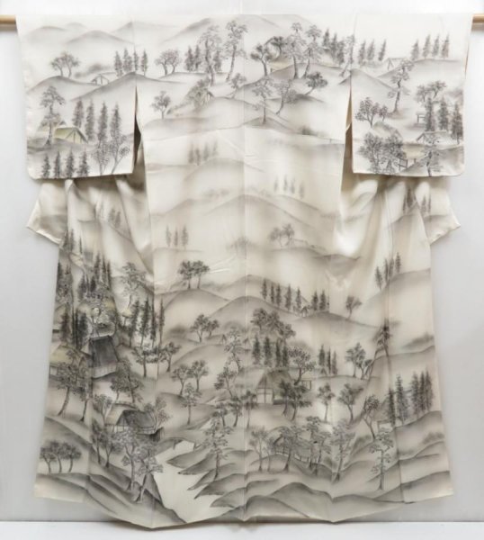 Photo1: 4307T13z950  Japanese Kimono Silk TSUKESAGE Trees Off-white (1)