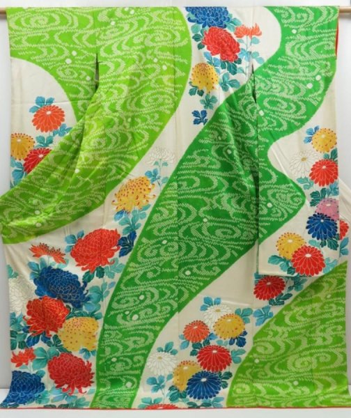 Photo1: 4309T01z1120 Vintage Japanese Kimono Silk FURISODE Chrysanthemum Yellow green (1)