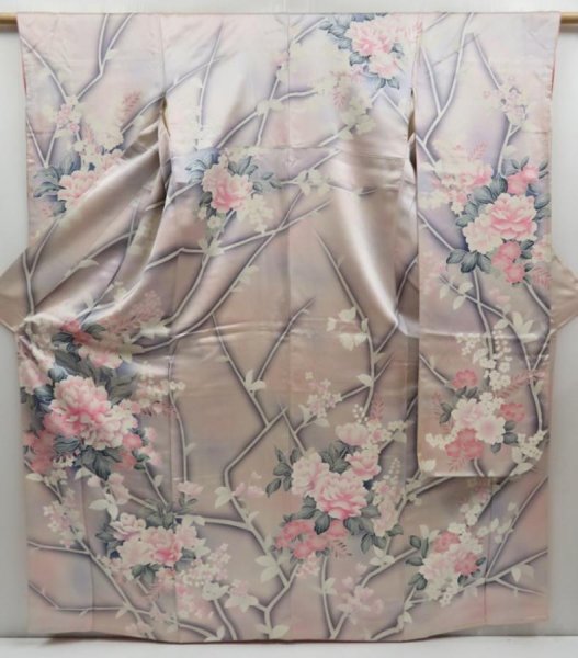 Photo1: 4309T02z1230 Vintage Japanese Kimono Silk FURISODE Flowers Ash pink (1)