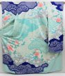 Photo1: 4309T06z1060 Vintage Japanese Kimono Silk FURISODE Peony Dull cyan (1)