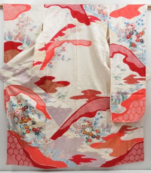 Photo1: 4309T09z1060 Vintage Japanese Kimono Silk FURISODE Royal cart Off-white (1)