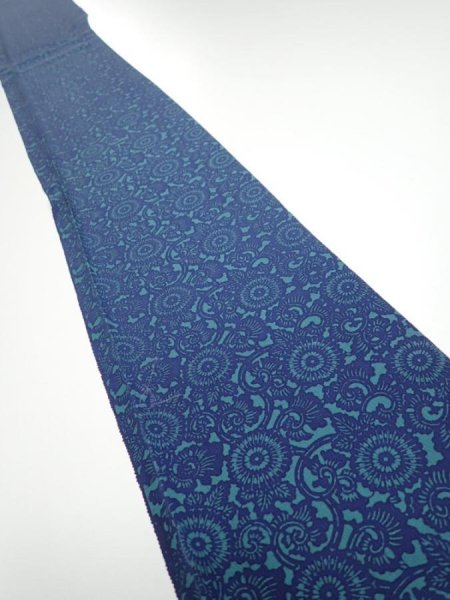 Photo1: 2Z08z40  Japanese Kimono Silk  FABRIC Chrysanthemum Indigo 59.1x7.1 (1)