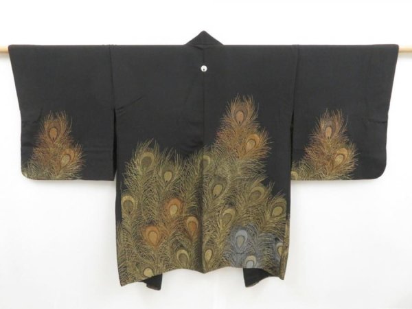 Photo1: 4311T07z530 Vintage Japanese Kimono Silk HITOE HAORI Peacock feather Black (1)