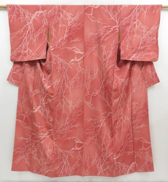 Photo1: 4311T12z930 Vintage Japanese Kimono Silk KOMON Branch Dark coral (1)