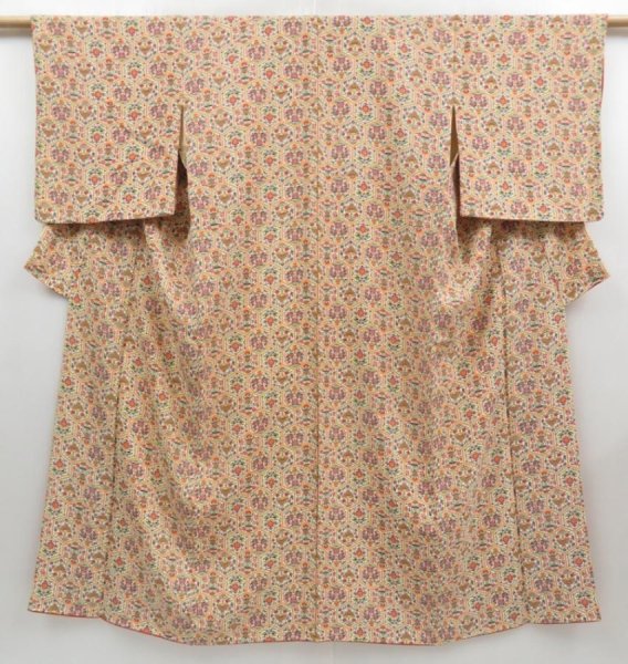 Photo1: 4311T13z910 Vintage Japanese Kimono Silk KOMON Flowers Yellow ochre (1)