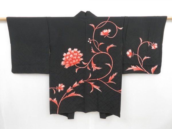 Photo1: 4316T03z640 Vintage Japanese Kimono Silk HAORI Flower Black (1)