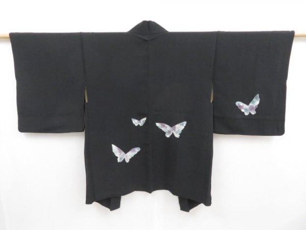 Photo1: 4316T05z570 Vintage Japanese Kimono Silk HAORI Butterfly Black (1)