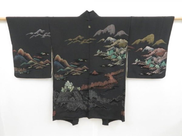 Photo1: 4316T11z620 Vintage Japanese Kimono Silk HAORI Mountain Black (1)